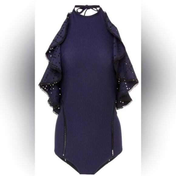 Jonathan Simkhai Seersucker Ruffled Open Back One Piece Bathing Suit Navy Large - Picture 1 of 3